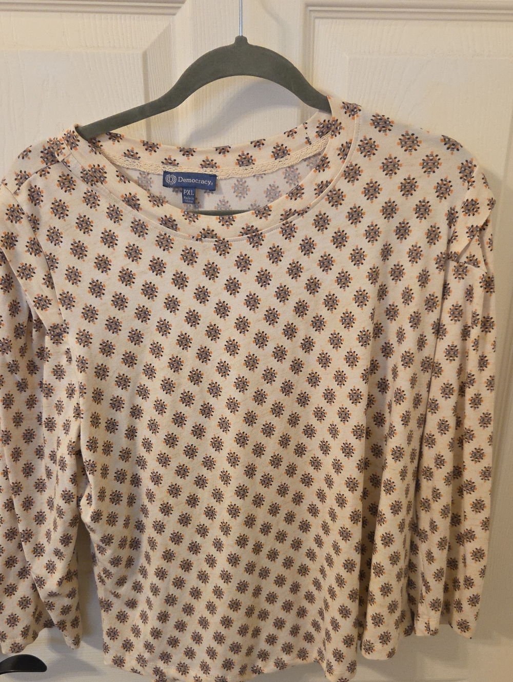 Democracy Cream Long Sleeve Floral Tee with Rust Accents